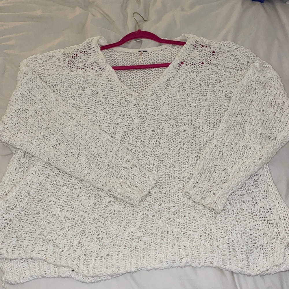 Free People White Loop Knit V Neck Sweater Medium